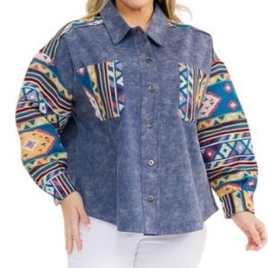 Cotton Aztec Tribal Western and Denim Contrast Jacket